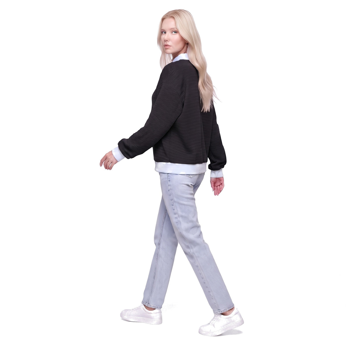 Color Block Mock Neck Striped Knit Pullover Sweatshirt Top