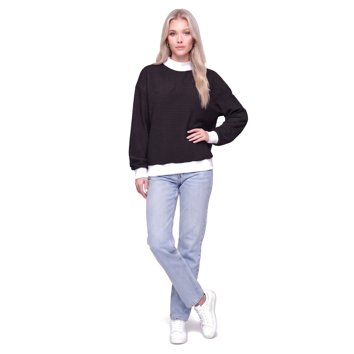 Color Block Mock Neck Striped Knit Pullover Sweatshirt Top