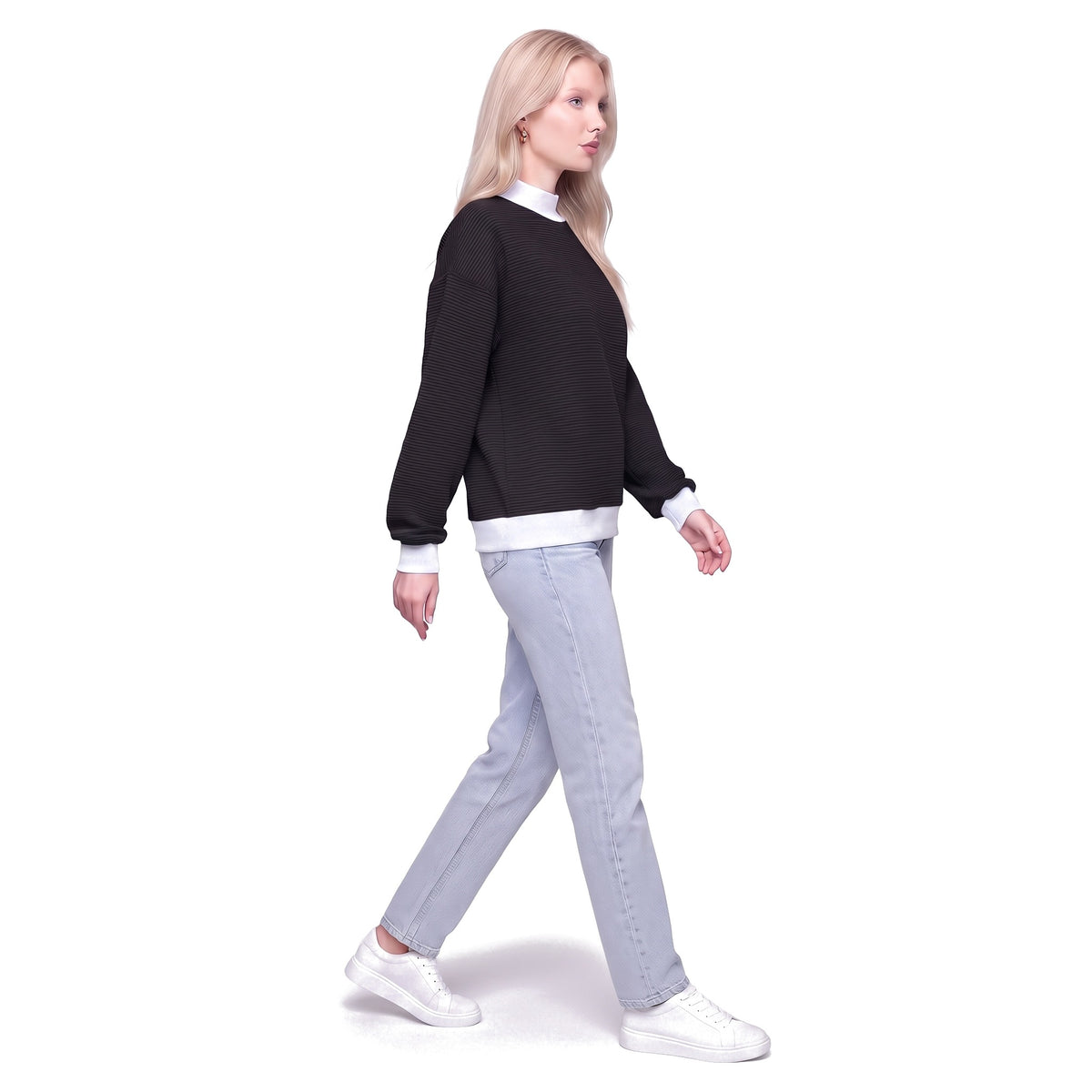 Color Block Mock Neck Striped Knit Pullover Sweatshirt Top