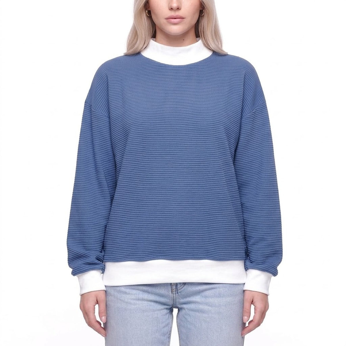 Color Block Mock Neck Striped Knit Pullover Sweatshirt Top