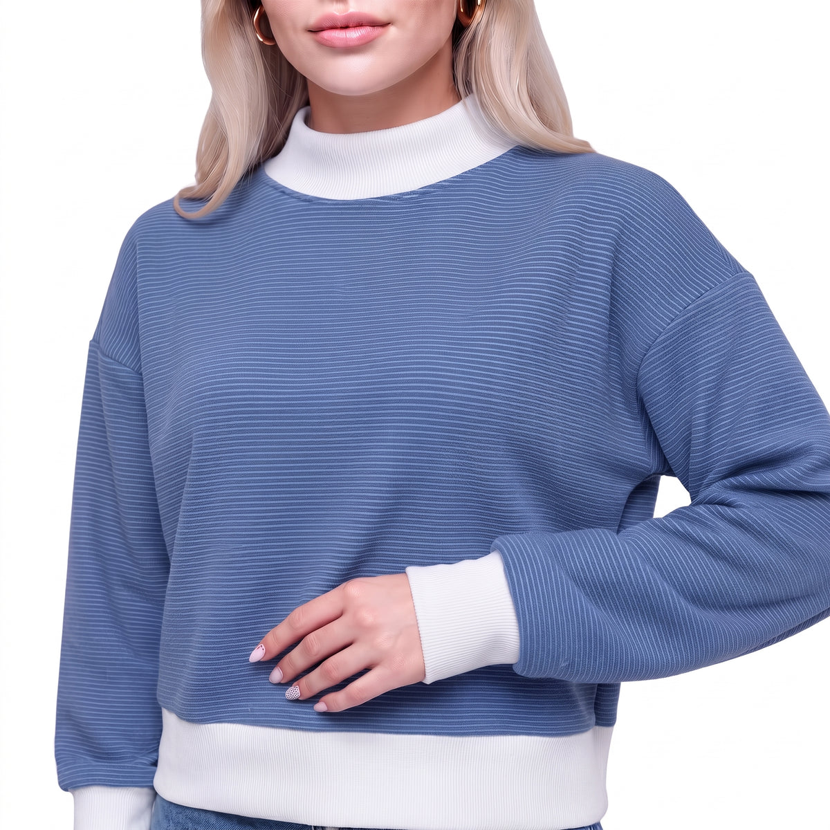 Color Block Mock Neck Striped Knit Pullover Sweatshirt Top