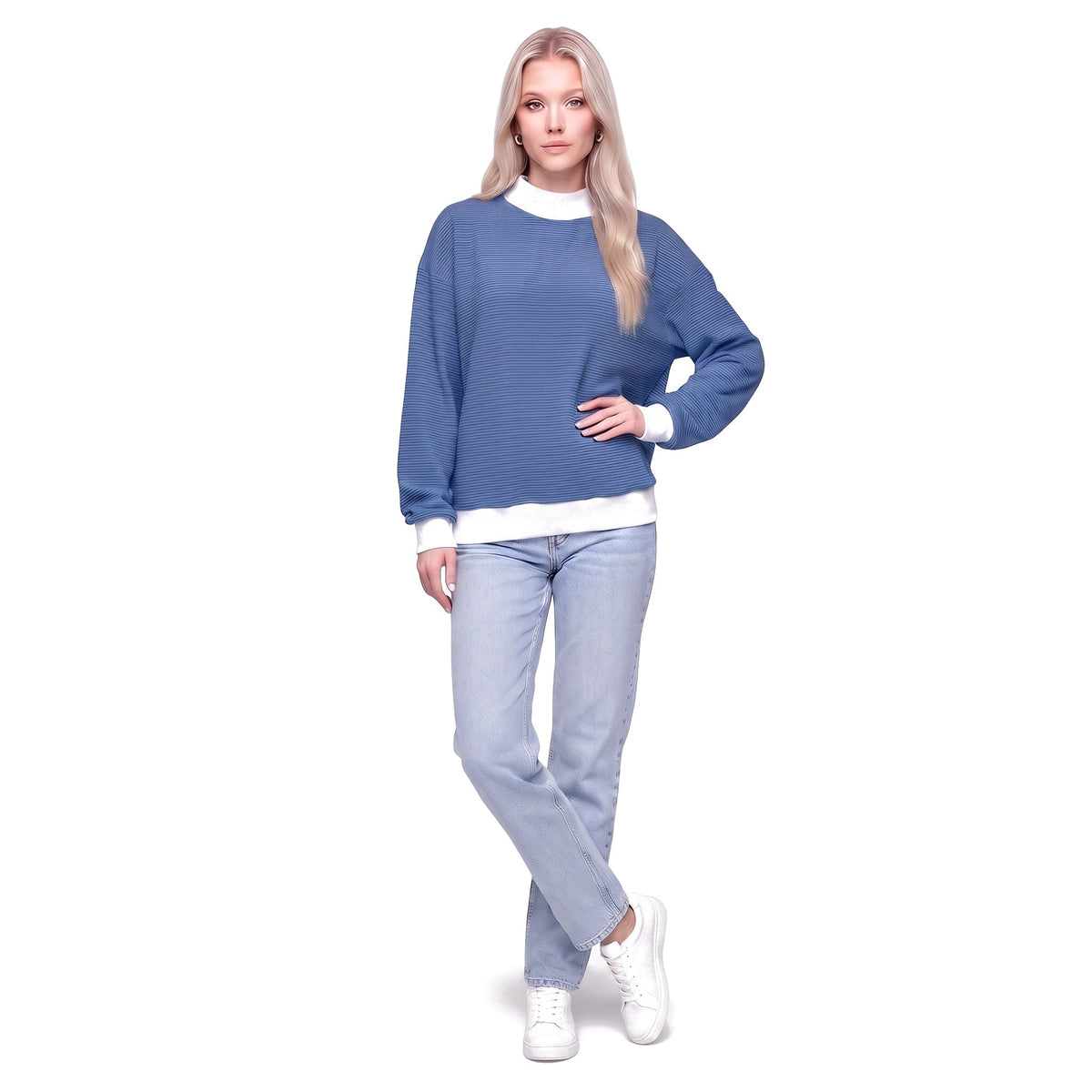 Color Block Mock Neck Striped Knit Pullover Sweatshirt Top