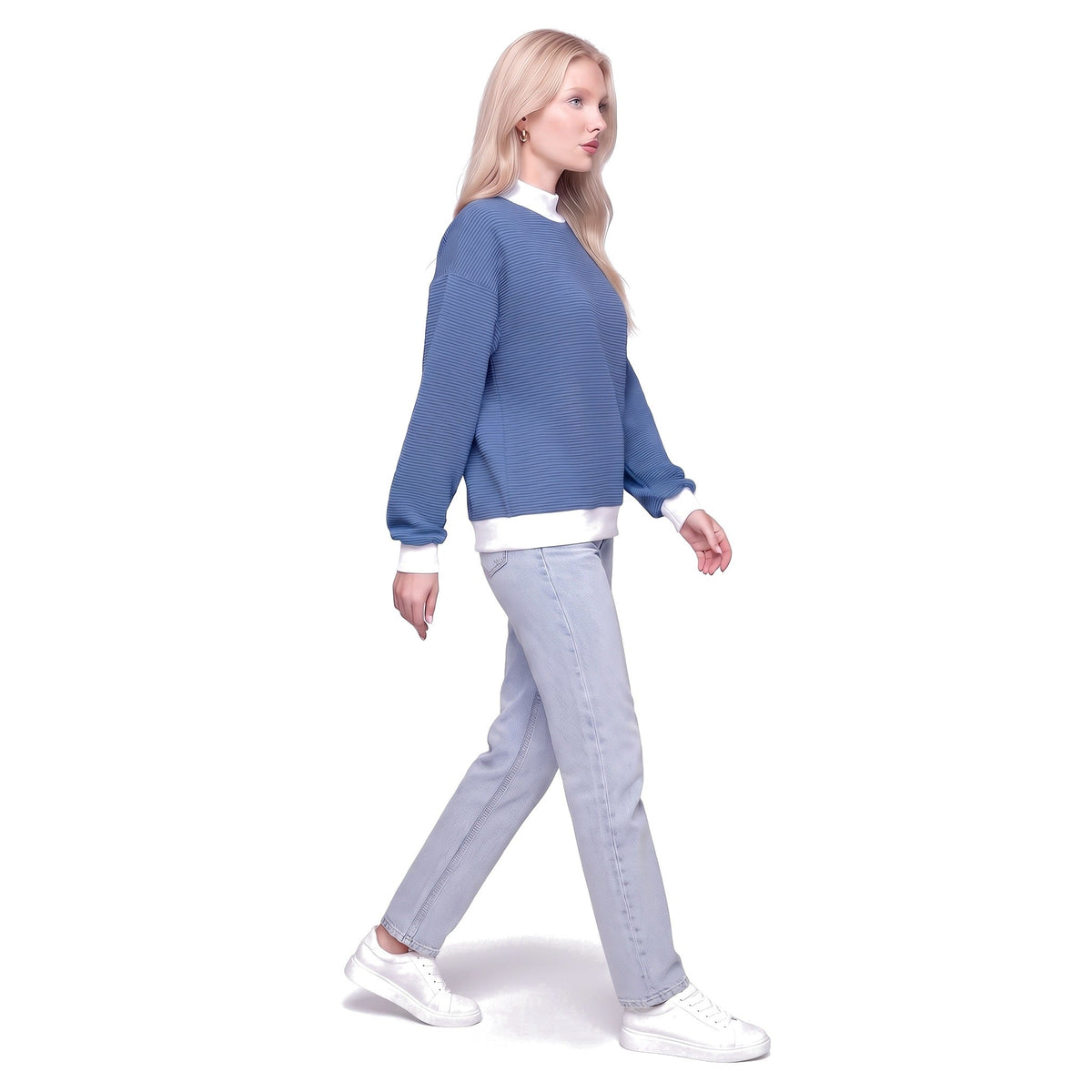 Color Block Mock Neck Striped Knit Pullover Sweatshirt Top