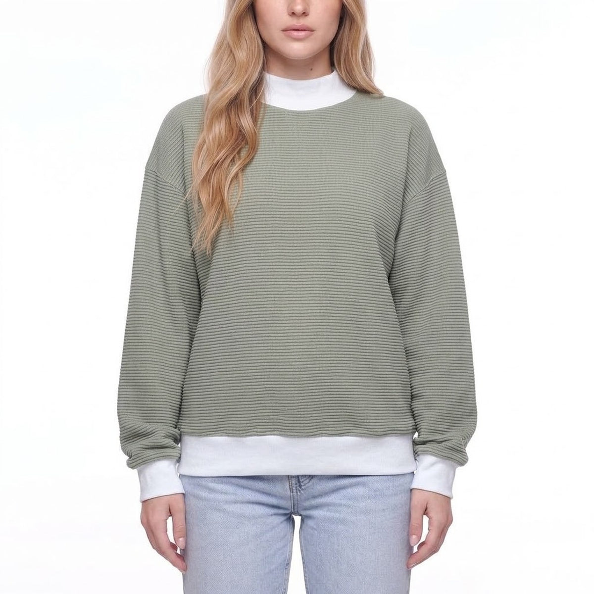 Color Block Mock Neck Striped Knit Pullover Sweatshirt Top
