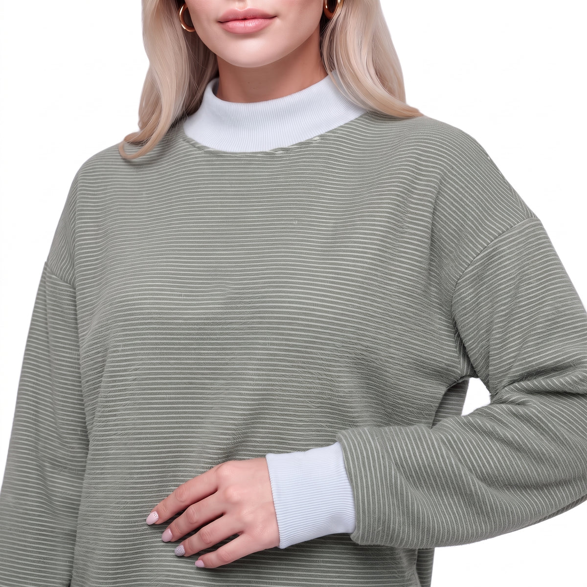 Color Block Mock Neck Striped Knit Pullover Sweatshirt Top