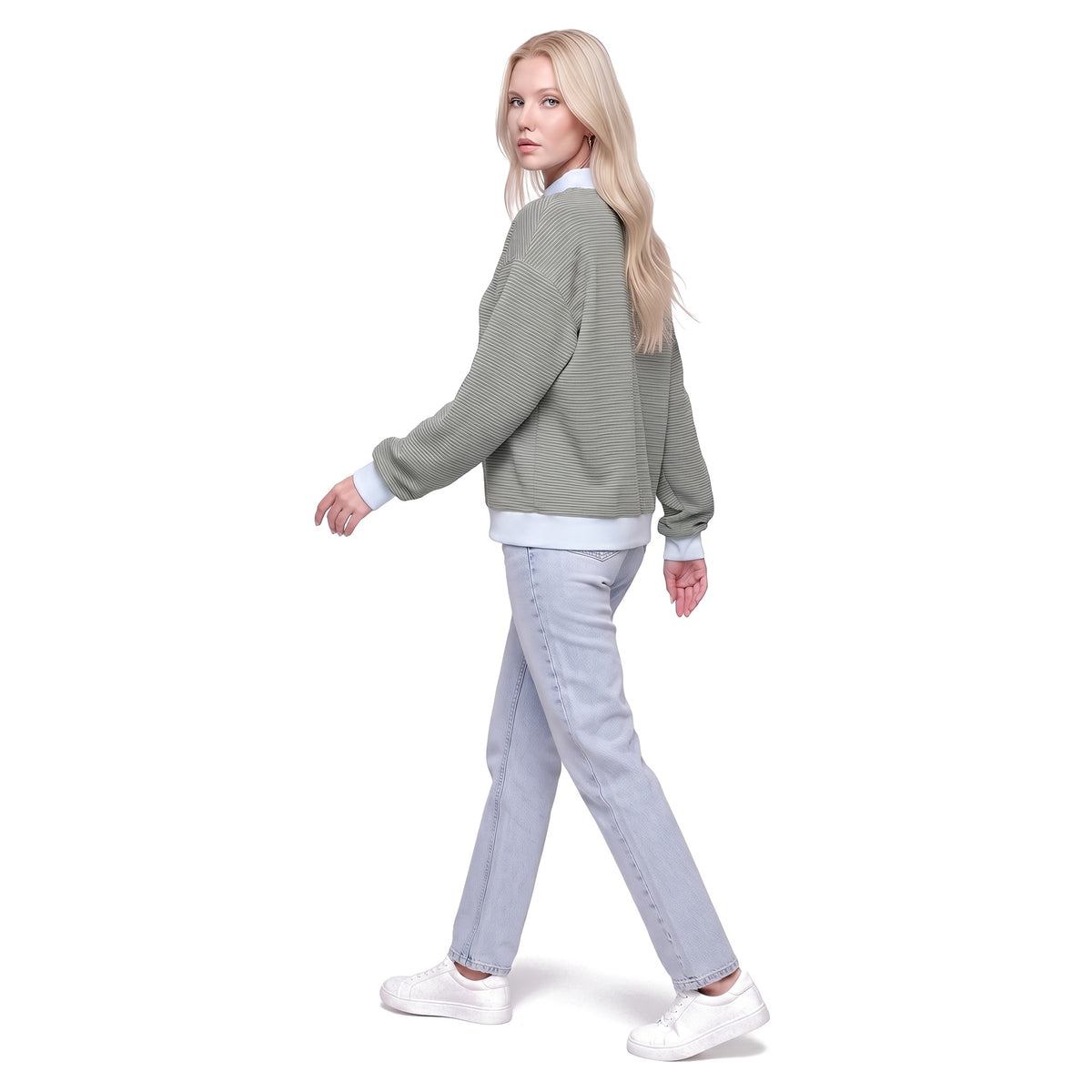 Color Block Mock Neck Striped Knit Pullover Sweatshirt Top