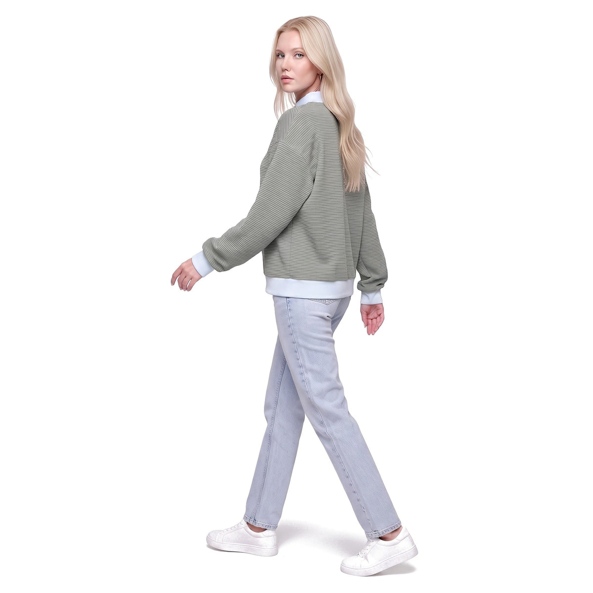 Color Block Mock Neck Striped Knit Pullover Sweatshirt Top