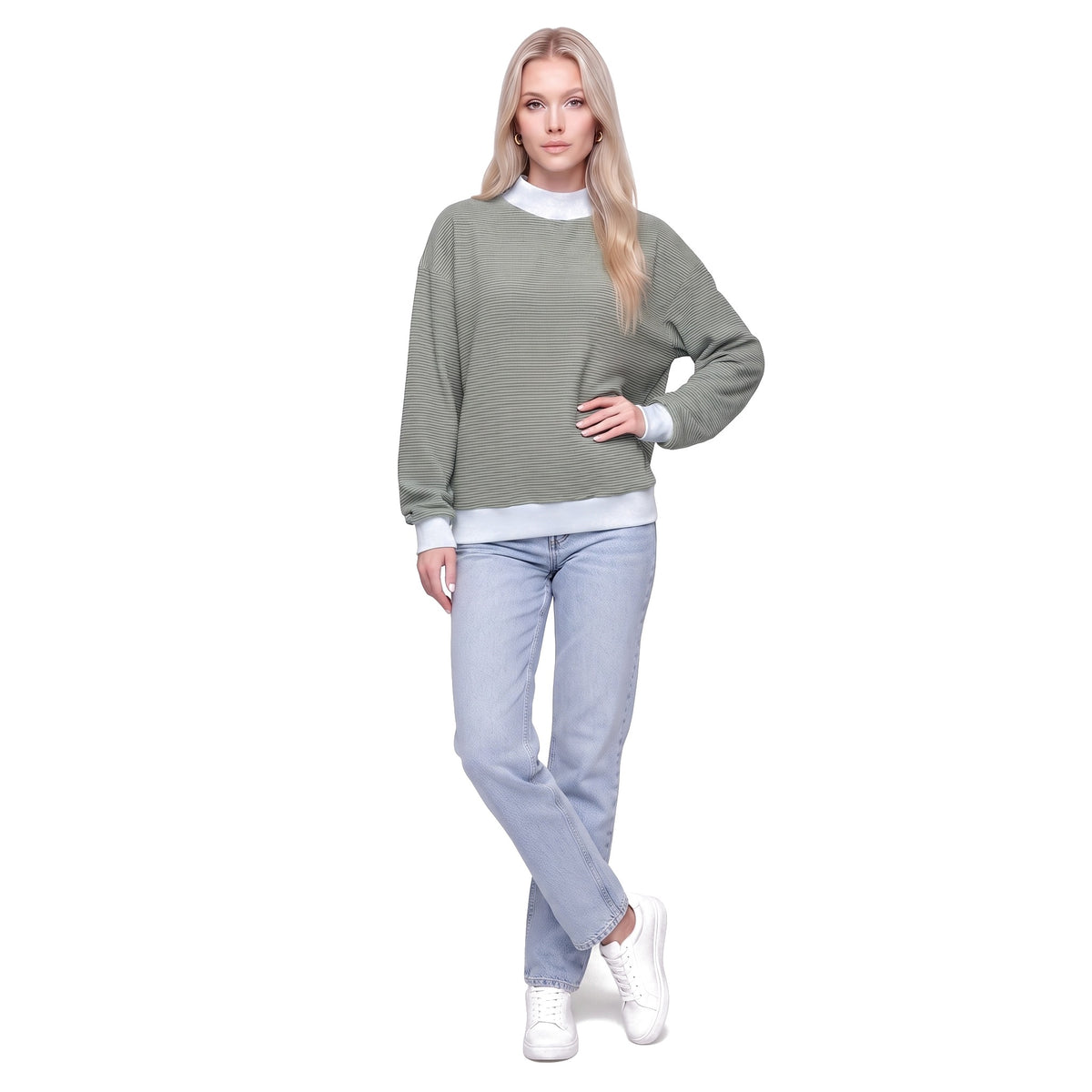 Color Block Mock Neck Striped Knit Pullover Sweatshirt Top