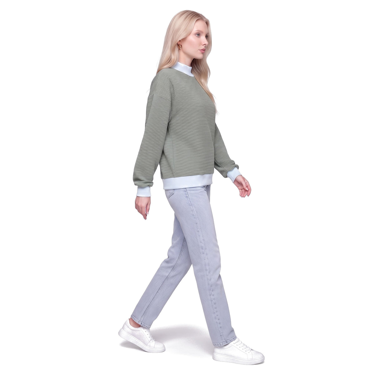 Color Block Mock Neck Striped Knit Pullover Sweatshirt Top