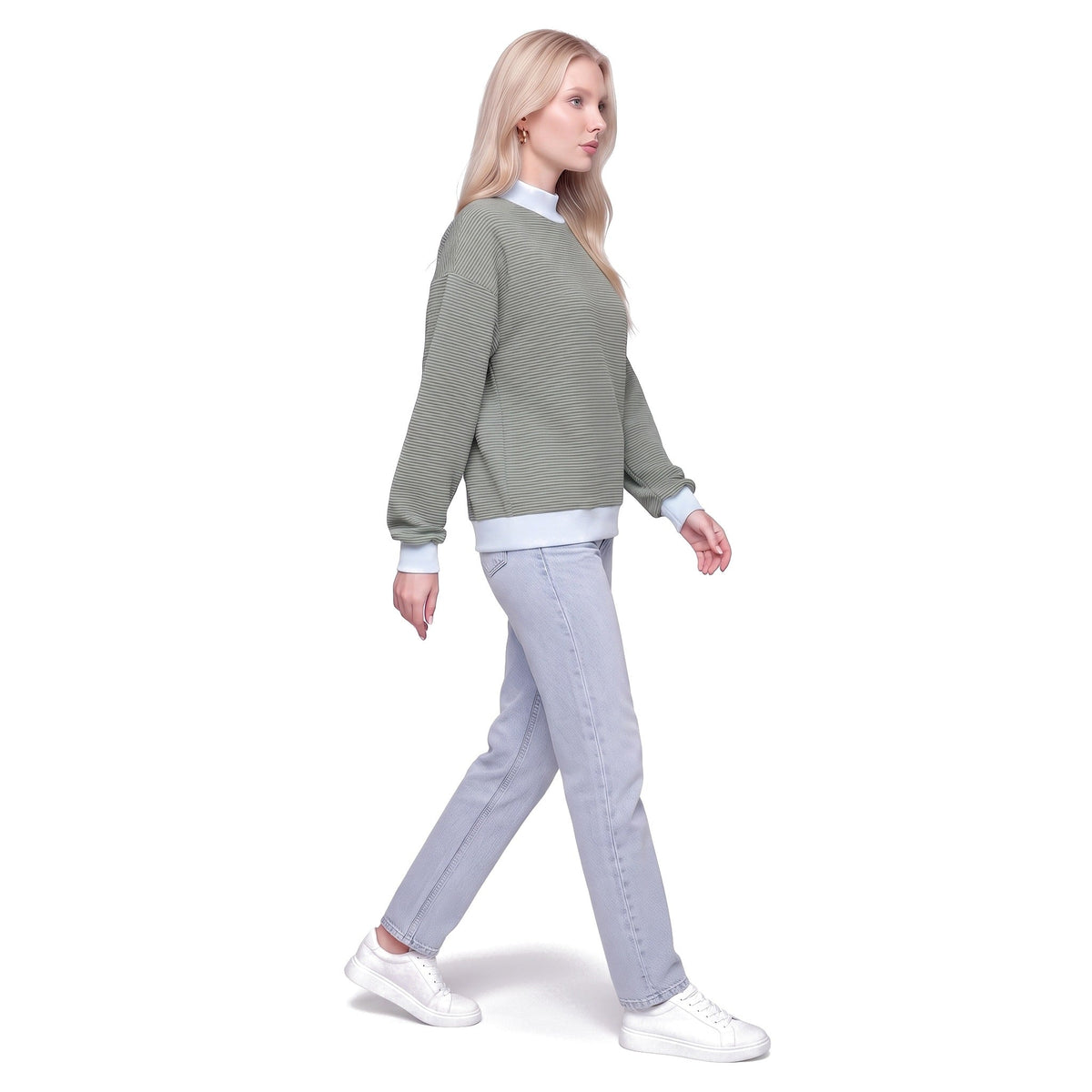 Color Block Mock Neck Striped Knit Pullover Sweatshirt Top