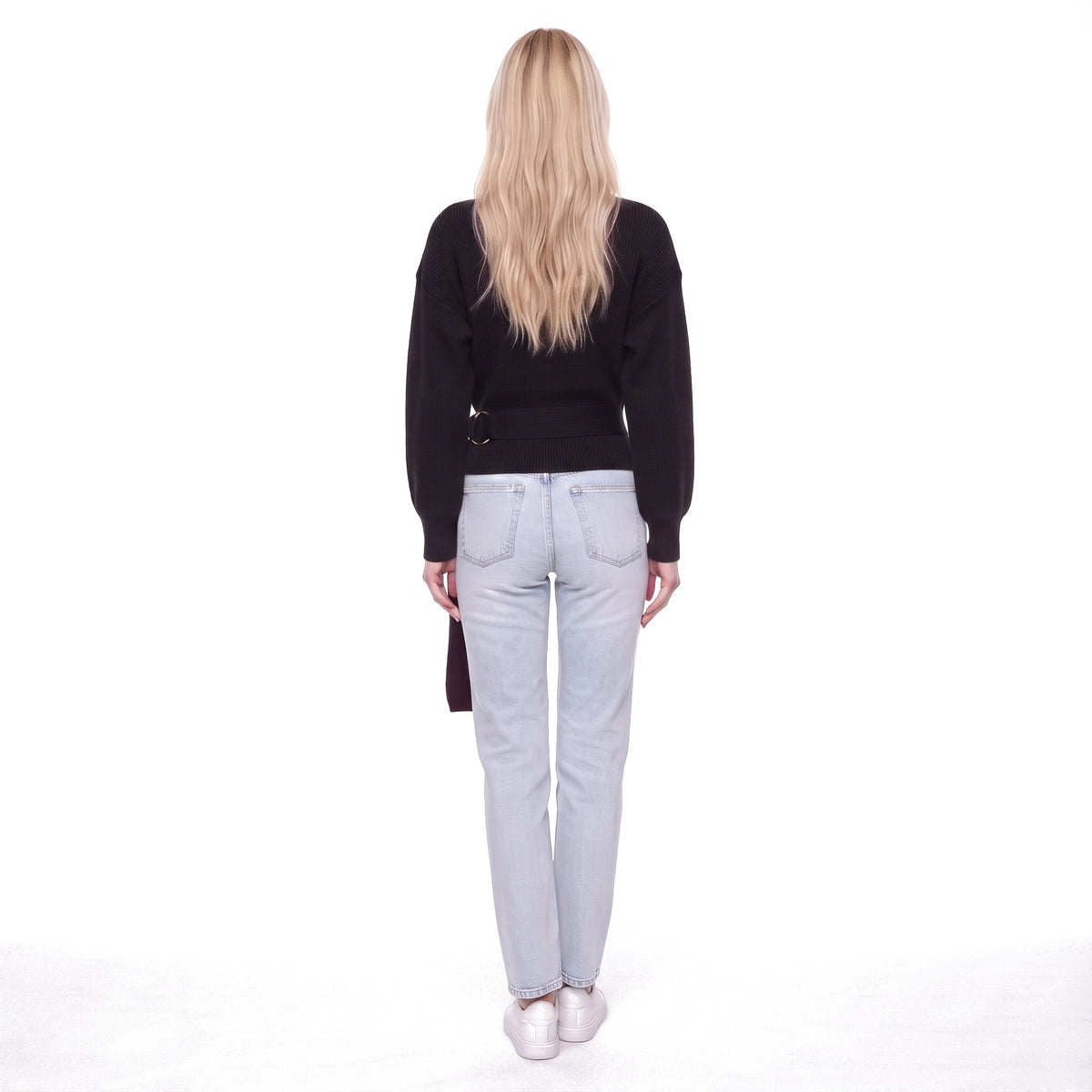 Wrap V-Neck Cropped Knit Sweater with O-Ring Tie Belt