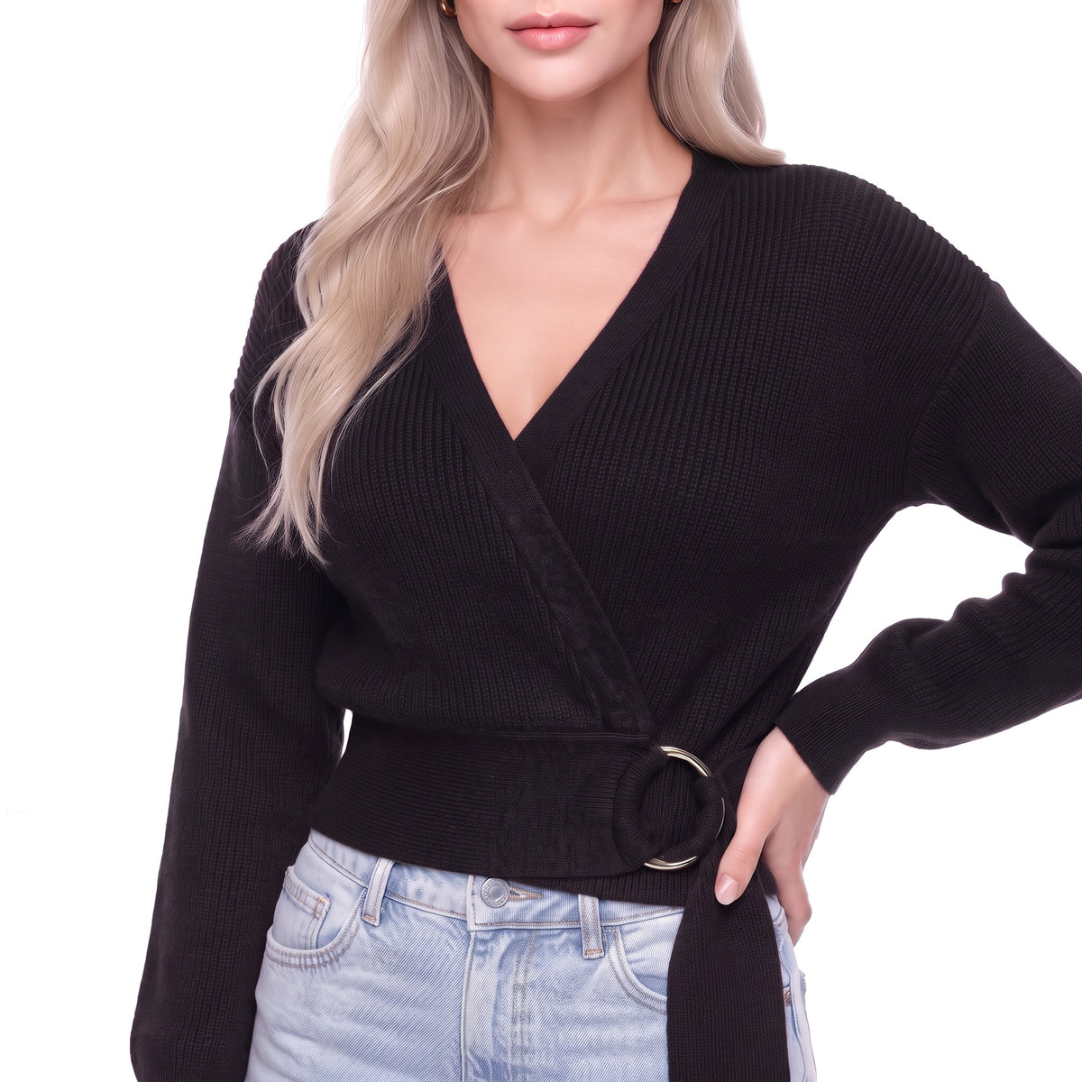 Wrap V-Neck Cropped Knit Sweater with O-Ring Tie Belt