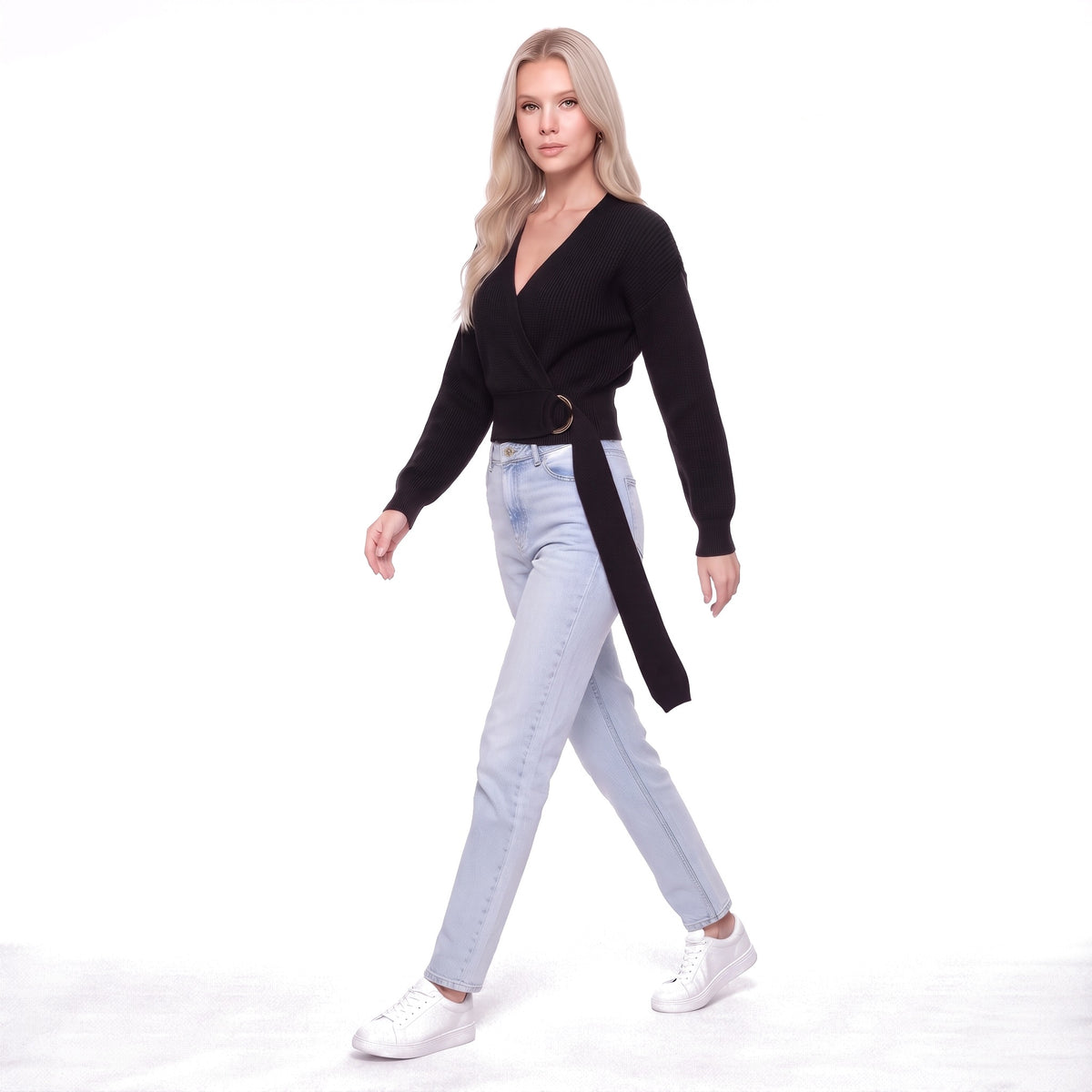 Wrap V-Neck Cropped Knit Sweater with O-Ring Tie Belt