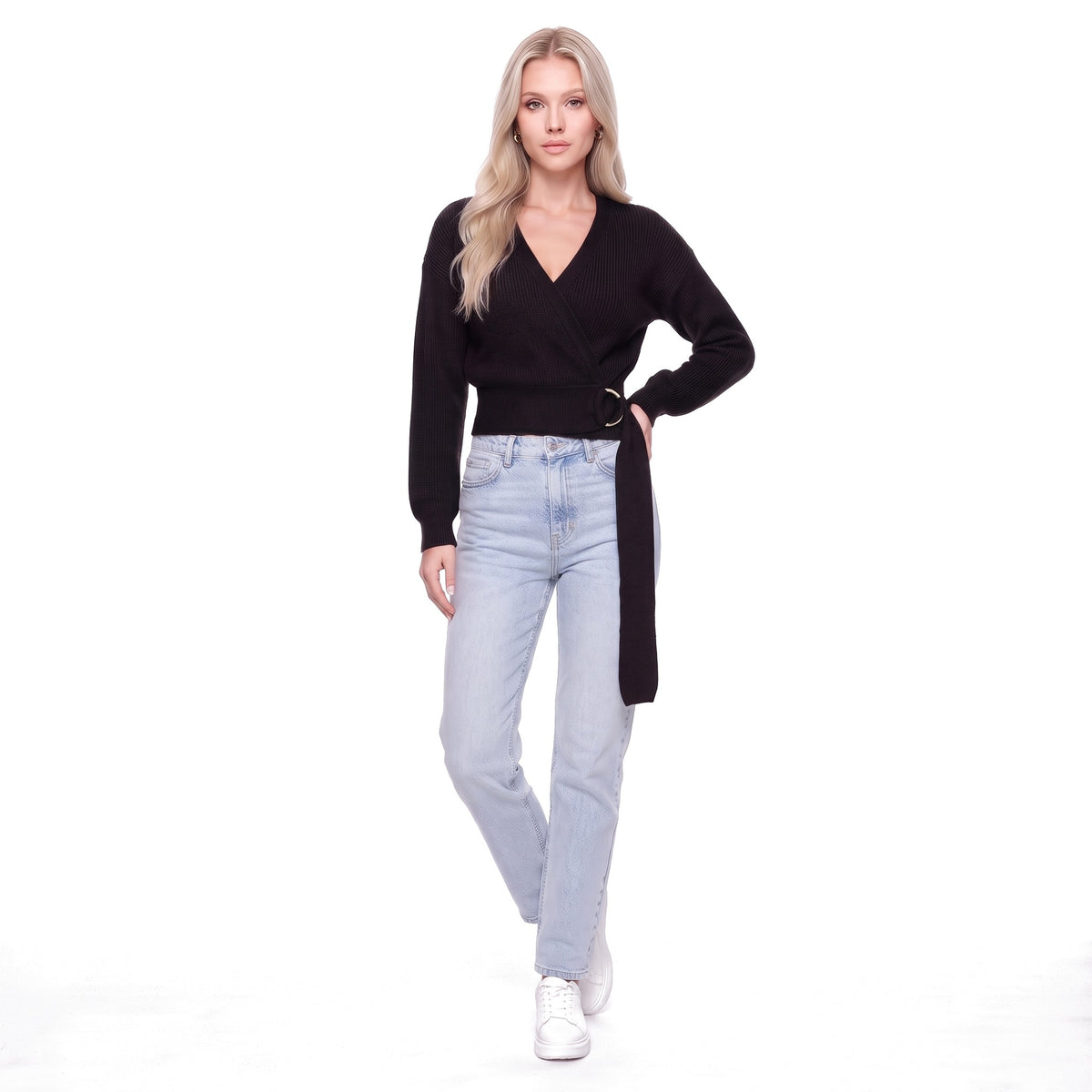 Wrap V-Neck Cropped Knit Sweater with O-Ring Tie Belt