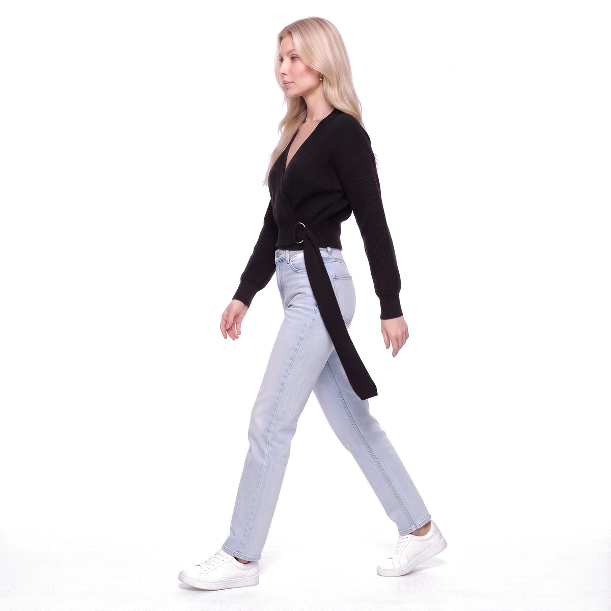 Wrap V-Neck Cropped Knit Sweater with O-Ring Tie Belt