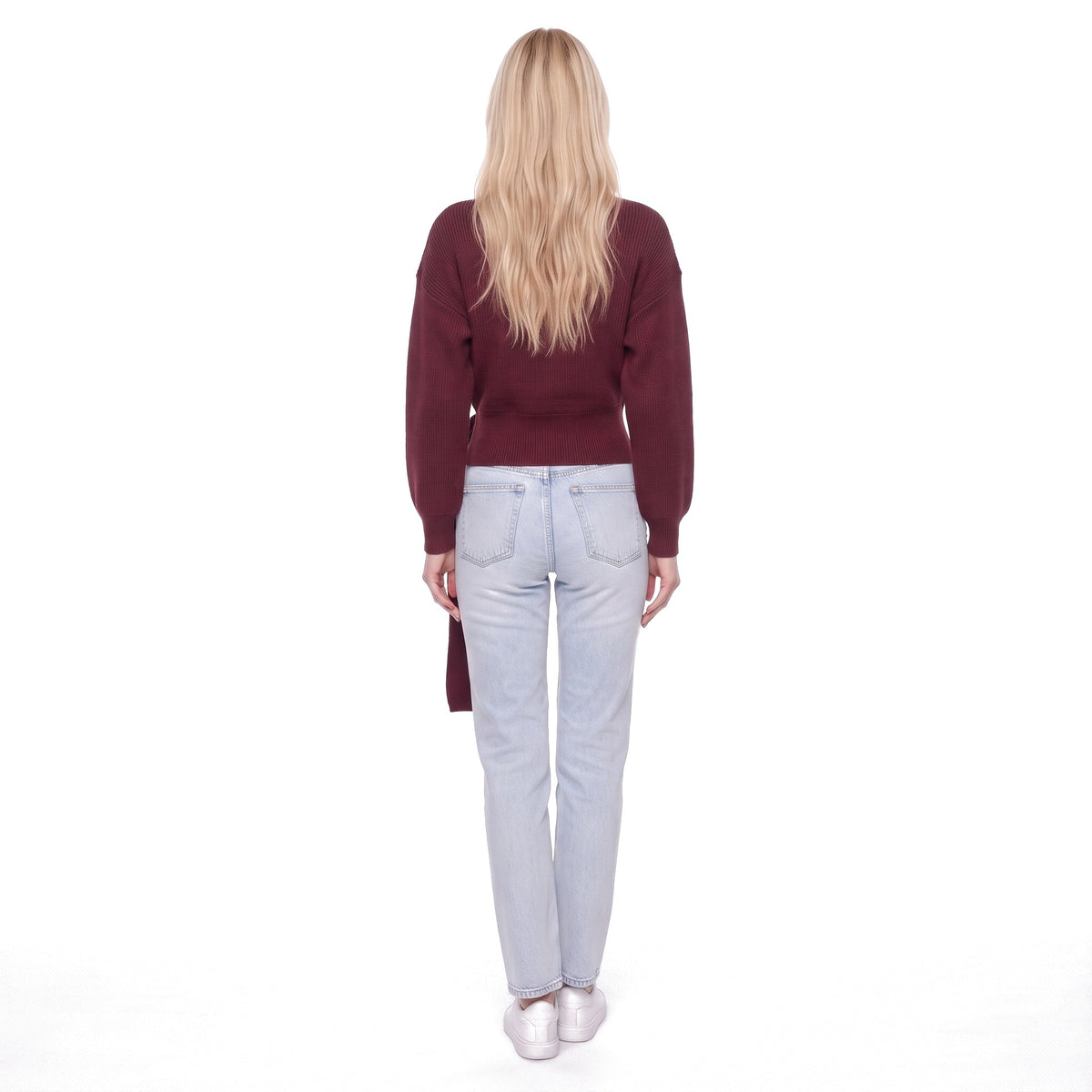 Wrap V-Neck Cropped Knit Sweater with O-Ring Tie Belt