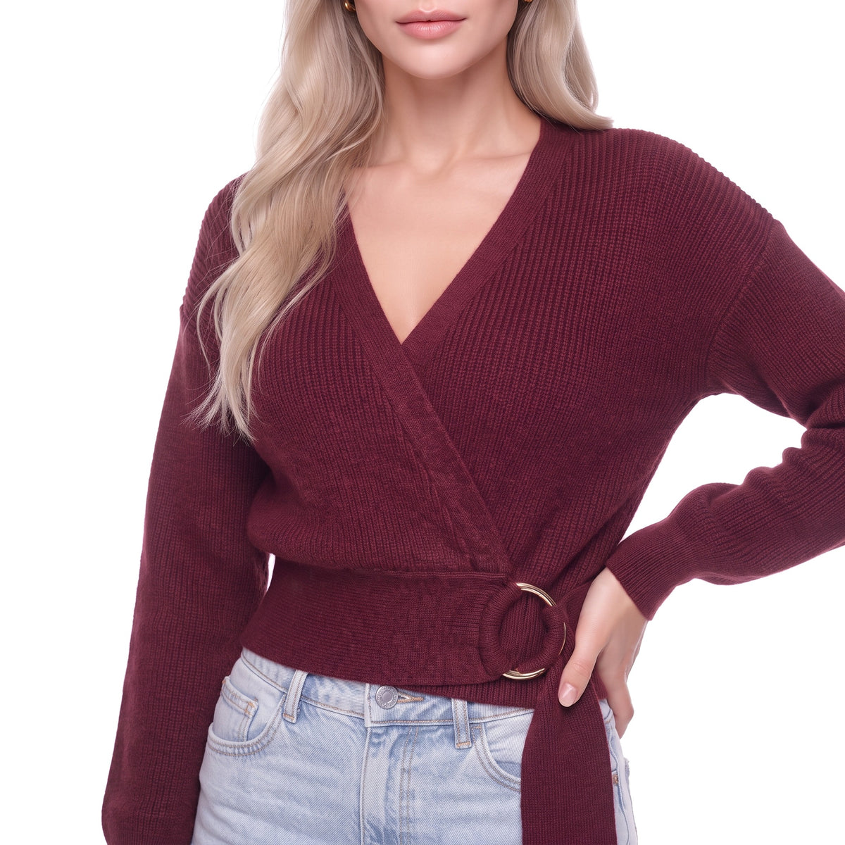 Wrap V-Neck Cropped Knit Sweater with O-Ring Tie Belt