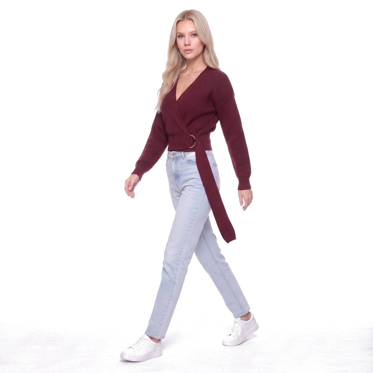 Wrap V-Neck Cropped Knit Sweater with O-Ring Tie Belt