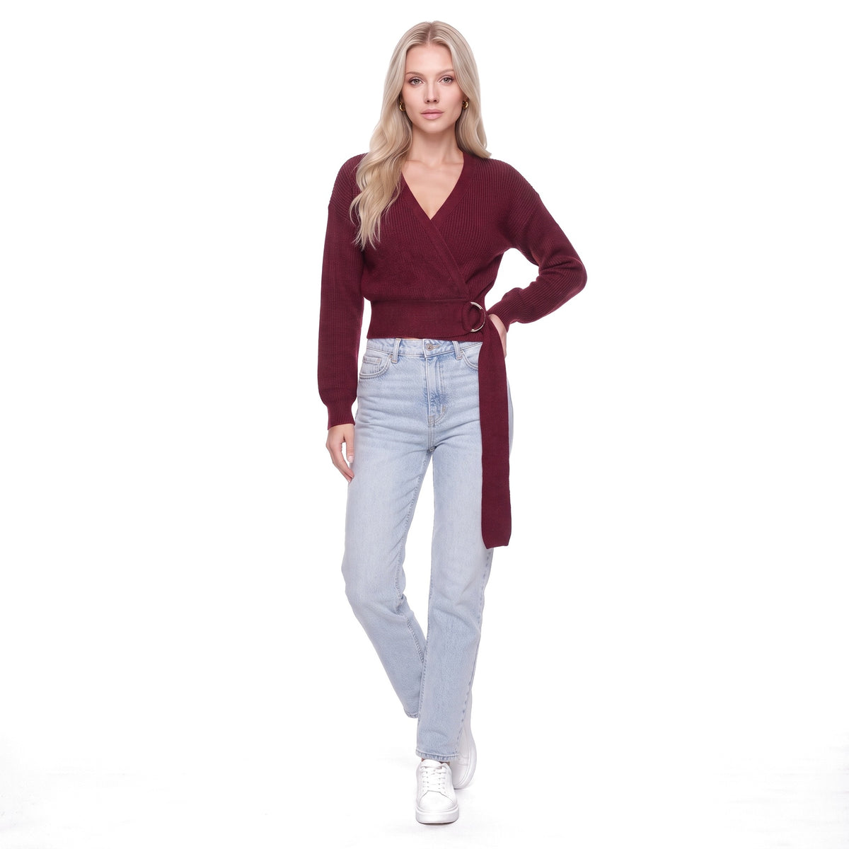 Wrap V-Neck Cropped Knit Sweater with O-Ring Tie Belt