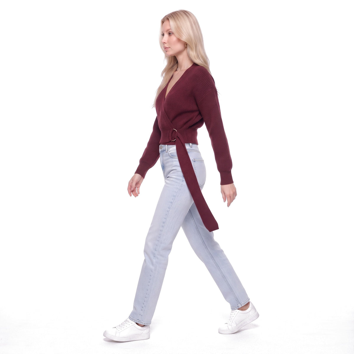 Wrap V-Neck Cropped Knit Sweater with O-Ring Tie Belt