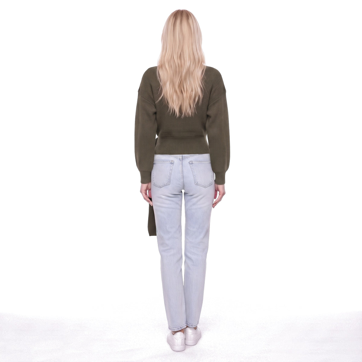 Wrap V-Neck Cropped Knit Sweater with O-Ring Tie Belt