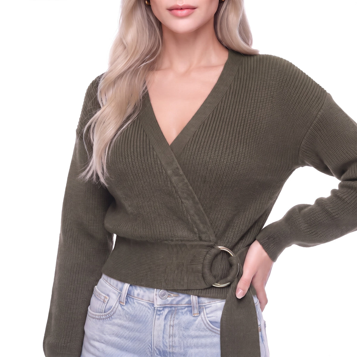 Wrap V-Neck Cropped Knit Sweater with O-Ring Tie Belt