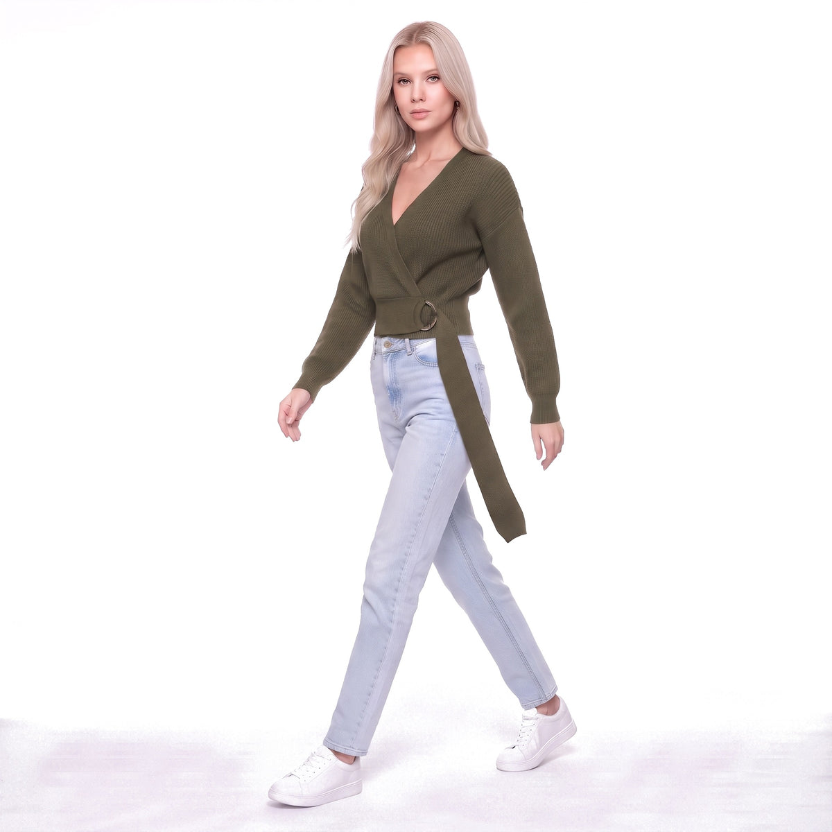 Wrap V-Neck Cropped Knit Sweater with O-Ring Tie Belt