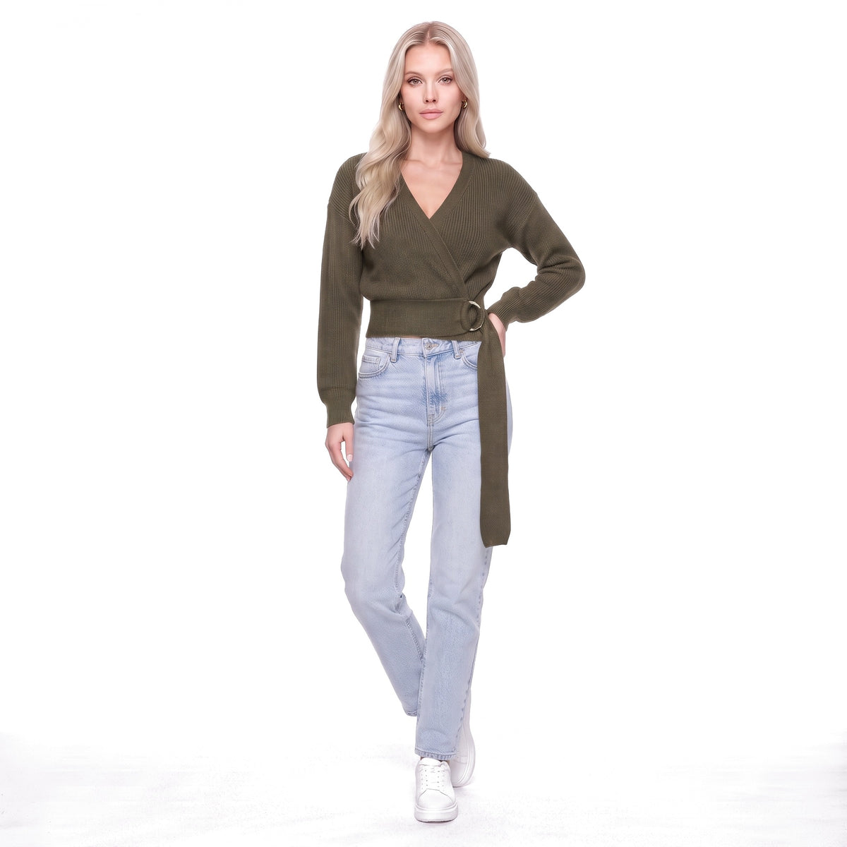 Wrap V-Neck Cropped Knit Sweater with O-Ring Tie Belt