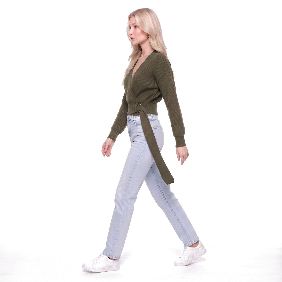 Wrap V-Neck Cropped Knit Sweater with O-Ring Tie Belt