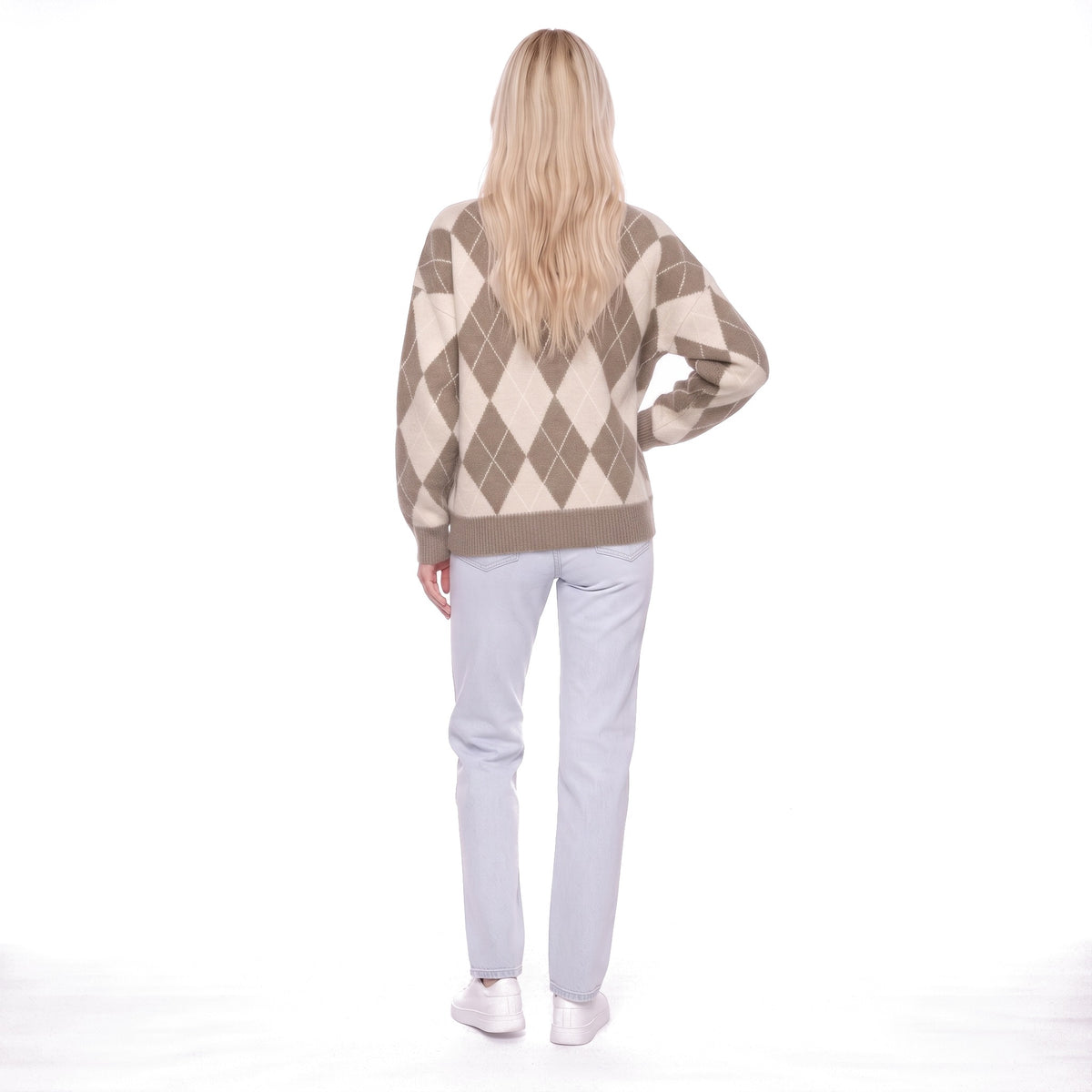 Argyle Oversized Crew Neck Knit Pullover Sweater