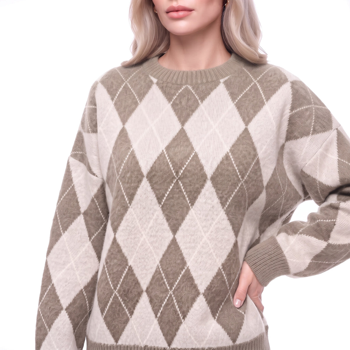 Argyle Oversized Crew Neck Knit Pullover Sweater