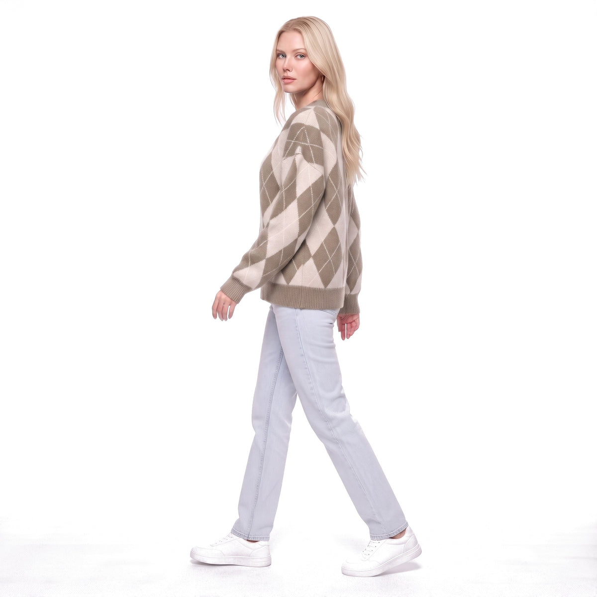 Argyle Oversized Crew Neck Knit Pullover Sweater