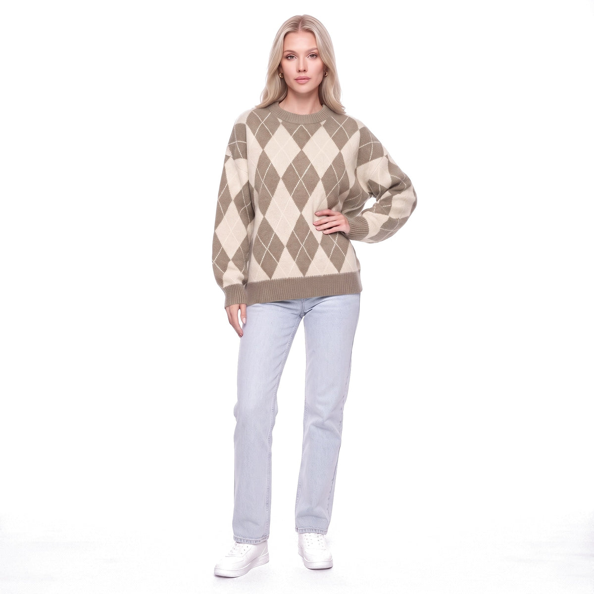 Argyle Oversized Crew Neck Knit Pullover Sweater