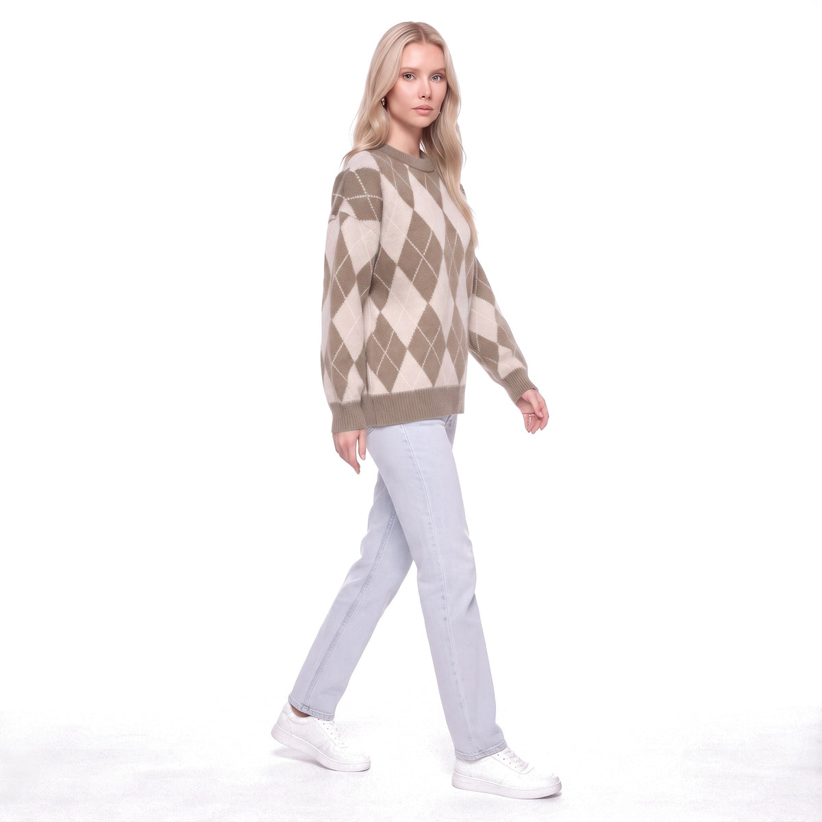 Argyle Oversized Crew Neck Knit Pullover Sweater