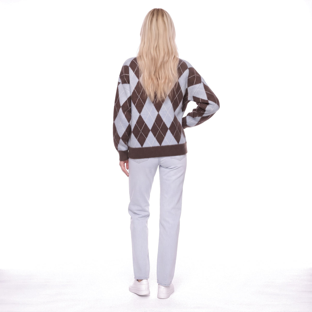 Argyle Oversized Crew Neck Knit Pullover Sweater