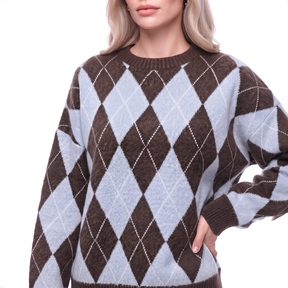 Argyle Oversized Crew Neck Knit Pullover Sweater