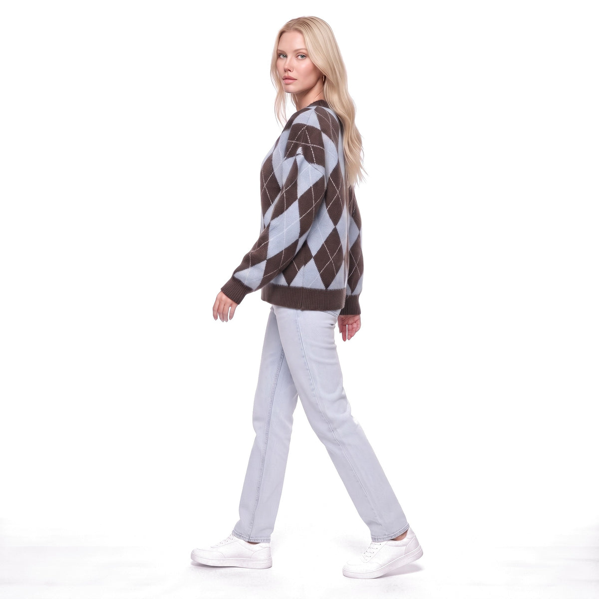 Argyle Oversized Crew Neck Knit Pullover Sweater