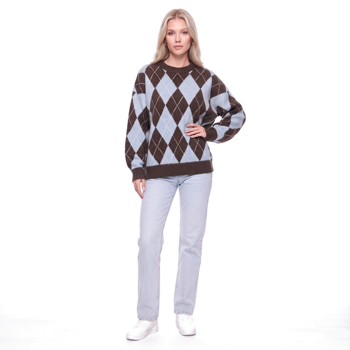 Argyle Oversized Crew Neck Knit Pullover Sweater