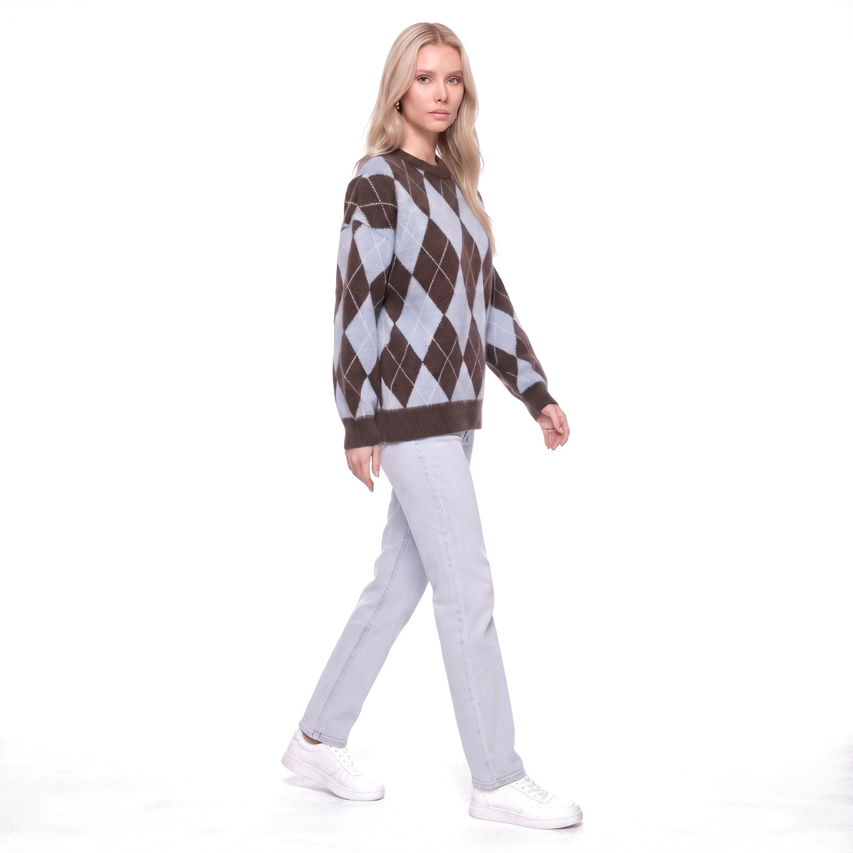 Argyle Oversized Crew Neck Knit Pullover Sweater