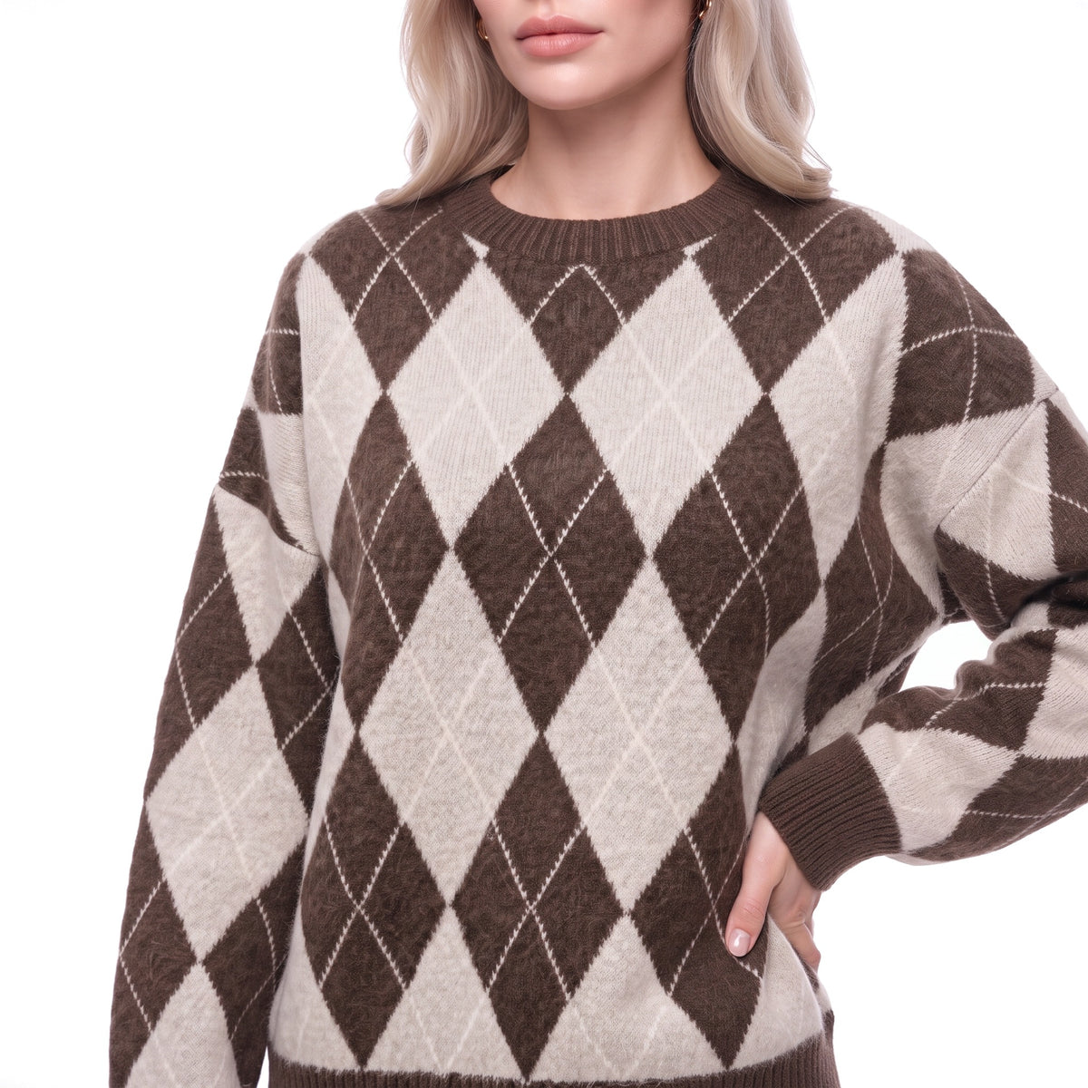 Argyle Oversized Crew Neck Knit Pullover Sweater