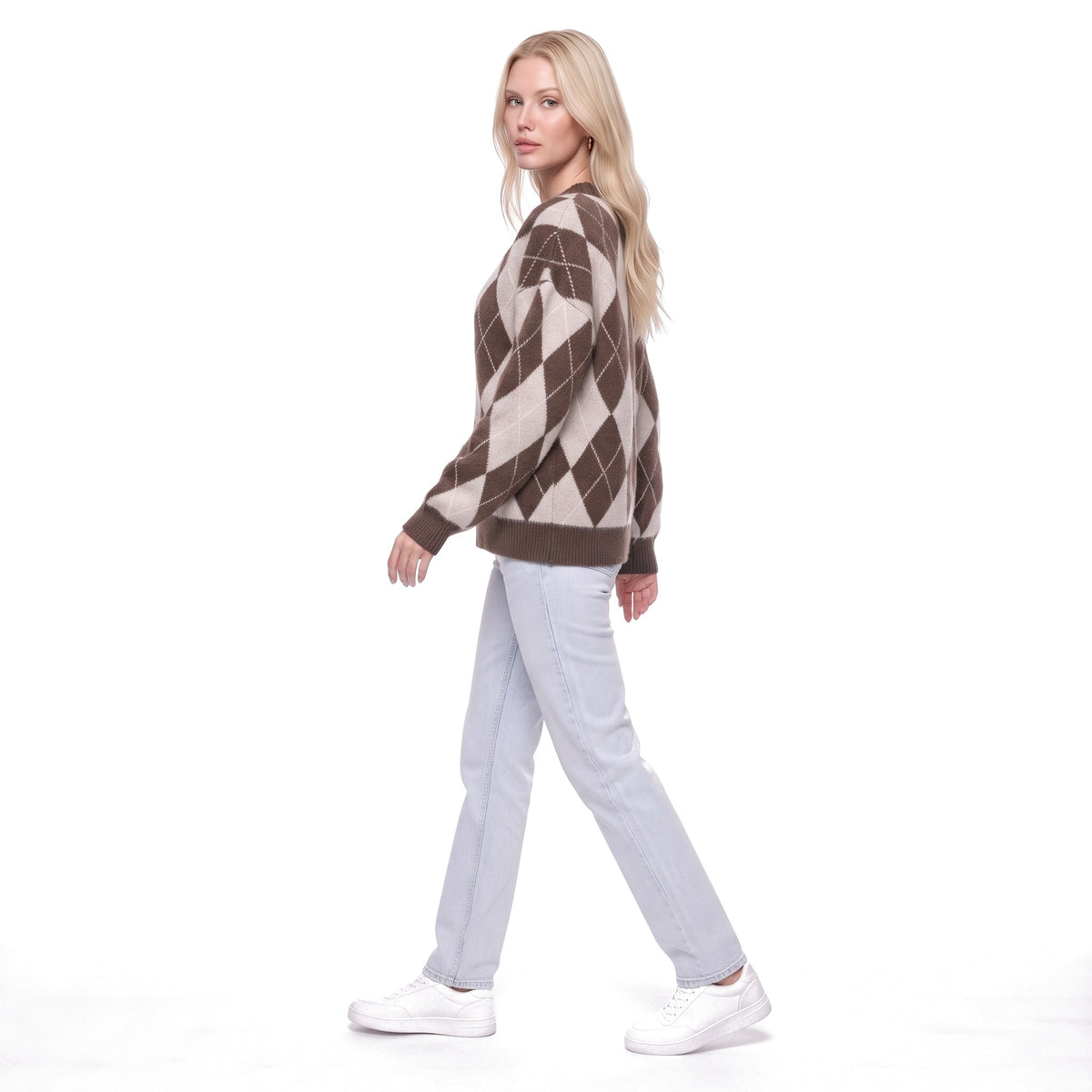 Argyle Oversized Crew Neck Knit Pullover Sweater