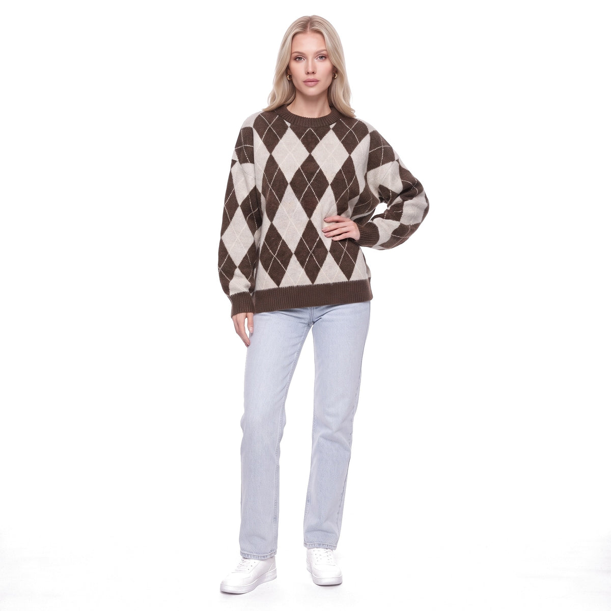 Argyle Oversized Crew Neck Knit Pullover Sweater