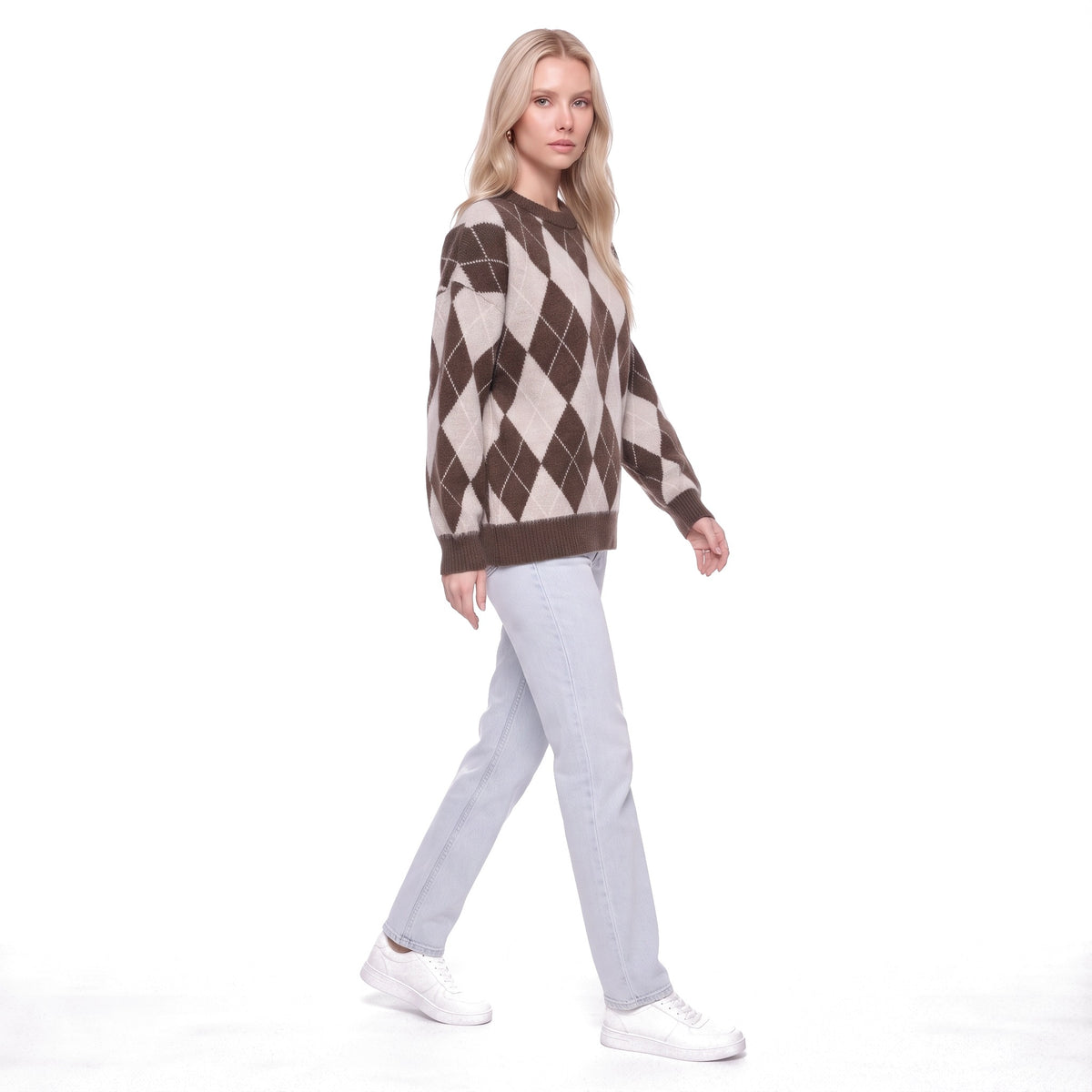 Argyle Oversized Crew Neck Knit Pullover Sweater