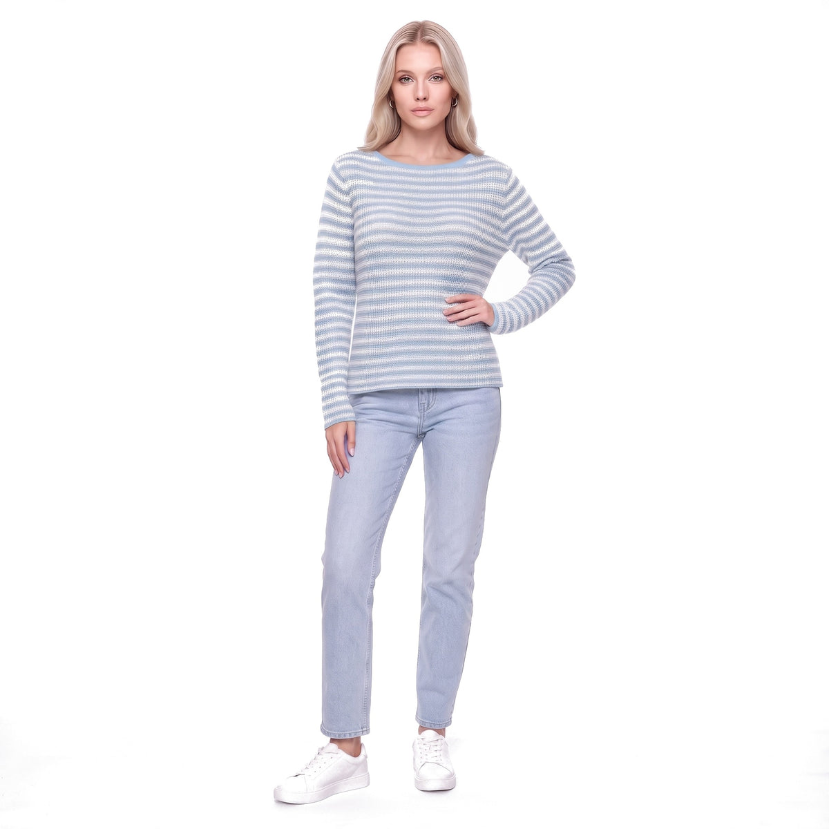 Striped Boat Neck Rib Knit Pullover Sweater