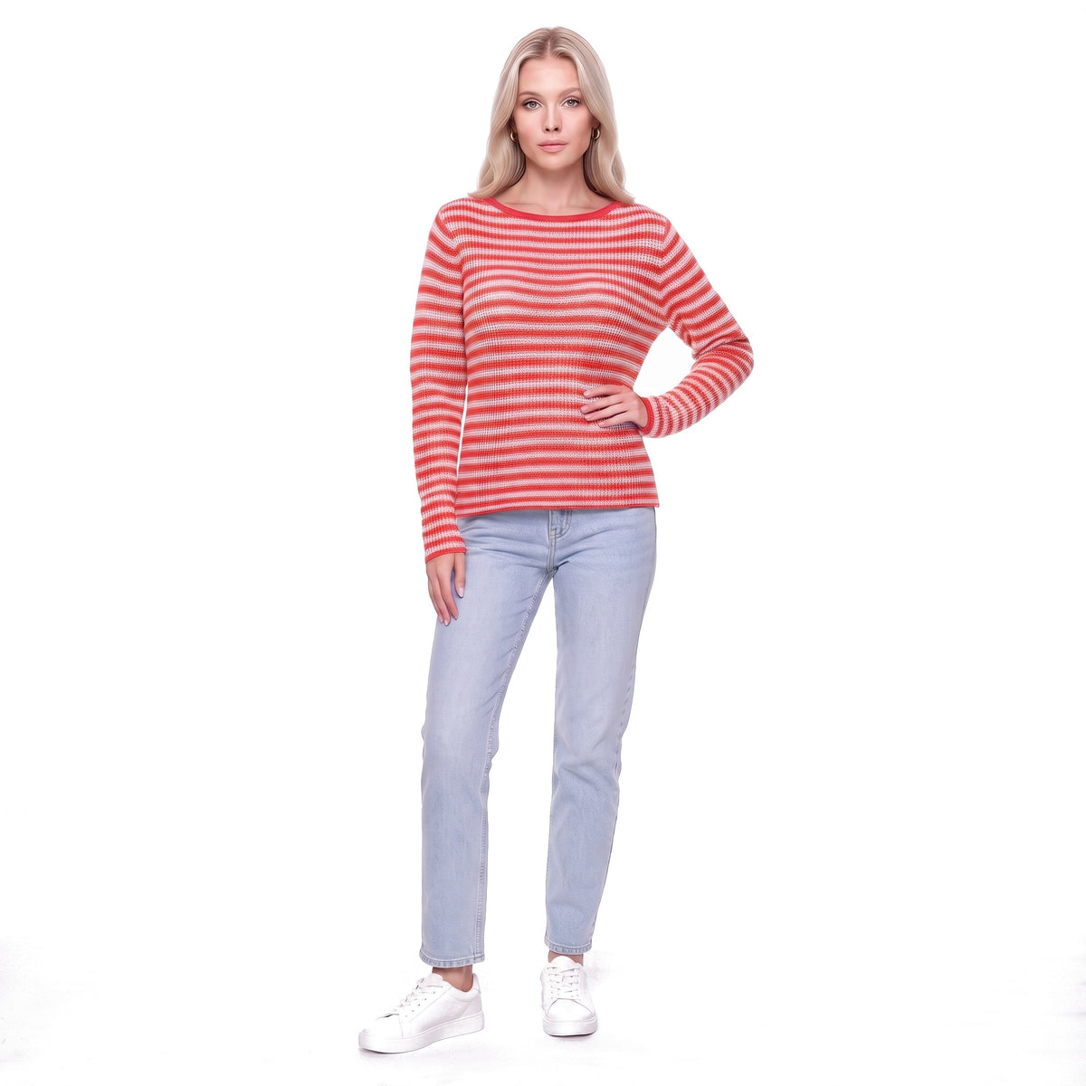 Striped Boat Neck Rib Knit Pullover Sweater