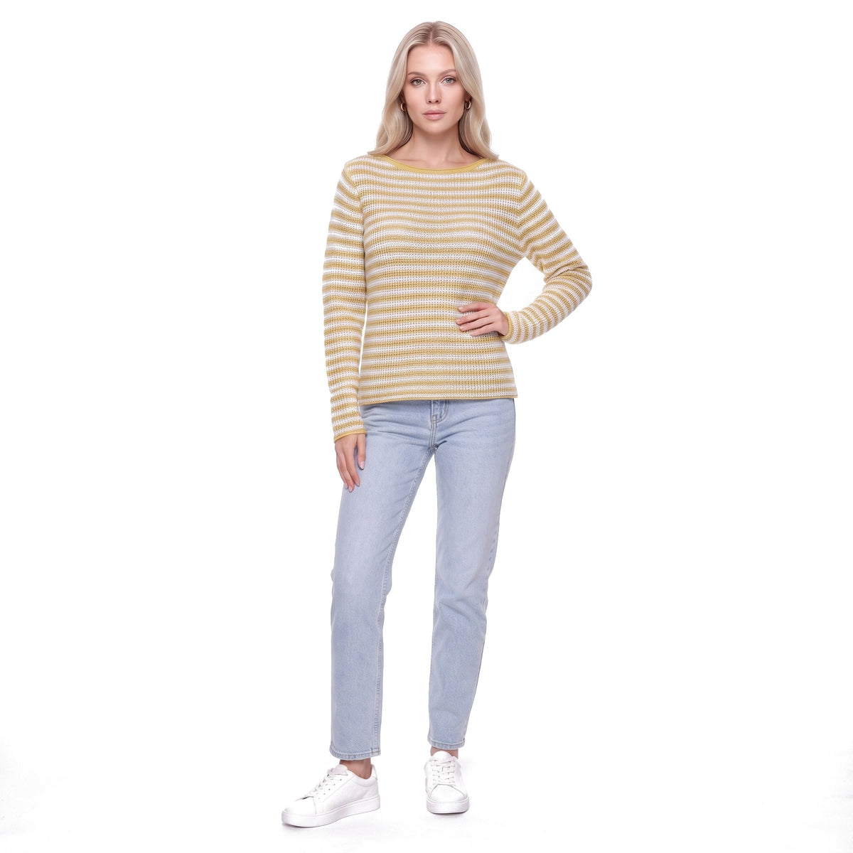 Striped Boat Neck Rib Knit Pullover Sweater