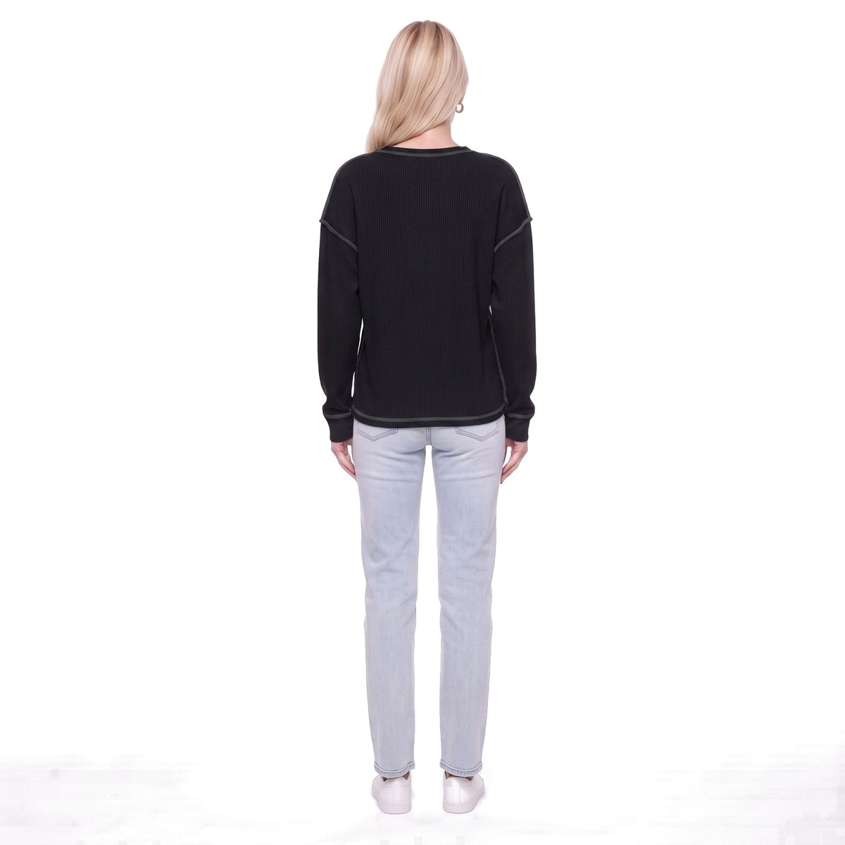 Waffle Knit Crew Neck Pocket Top with Exposed Seams