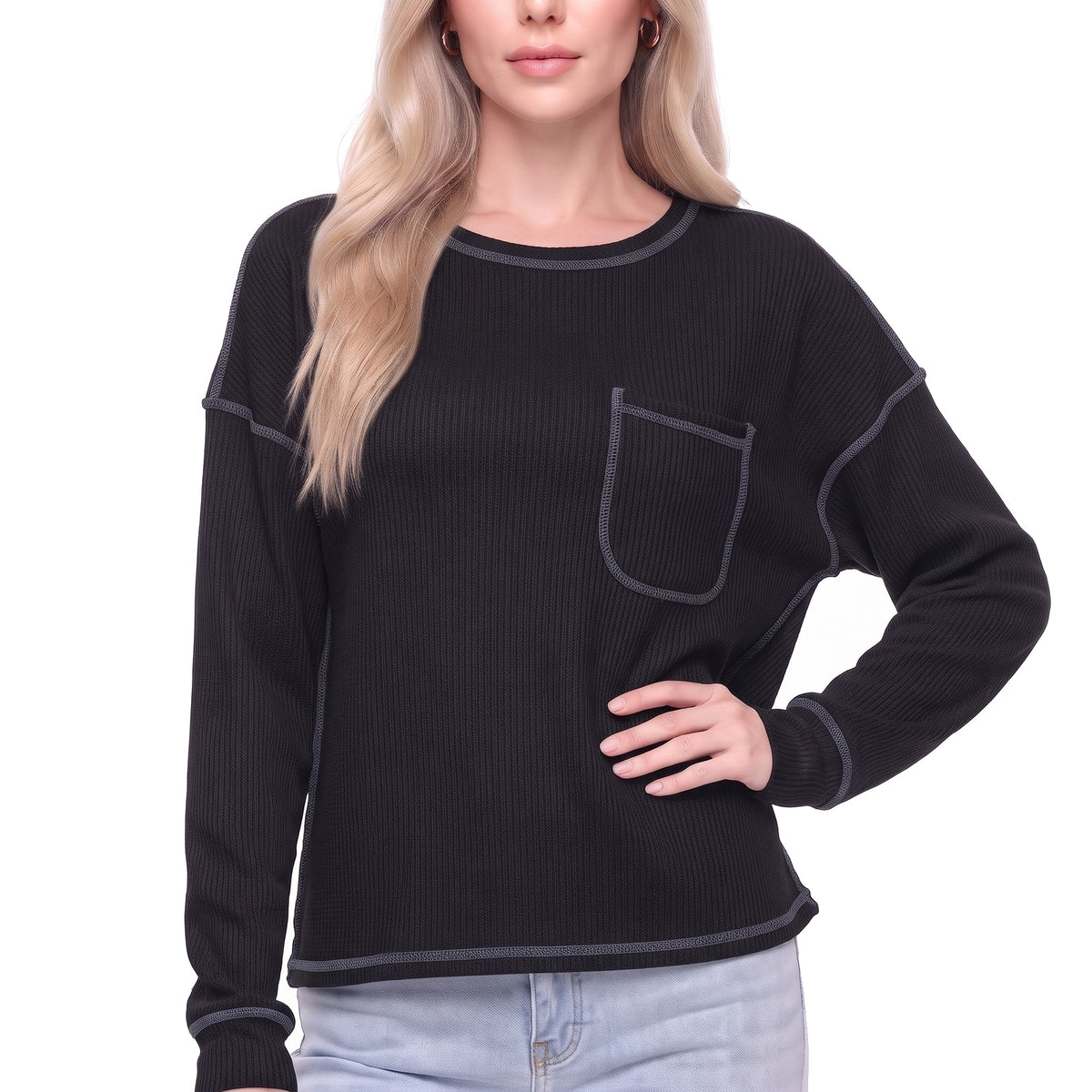 Waffle Knit Crew Neck Pocket Top with Exposed Seams