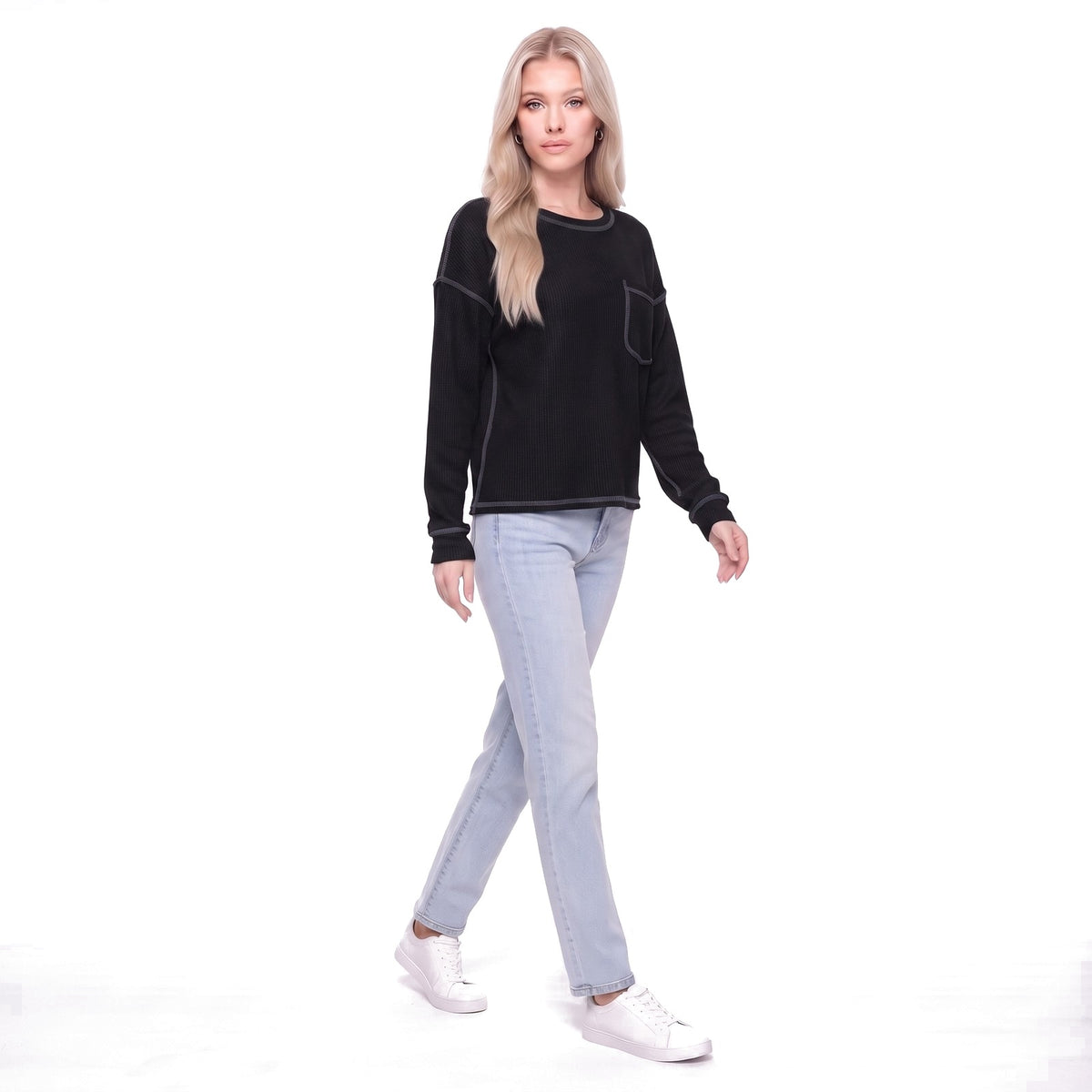 Waffle Knit Crew Neck Pocket Top with Exposed Seams