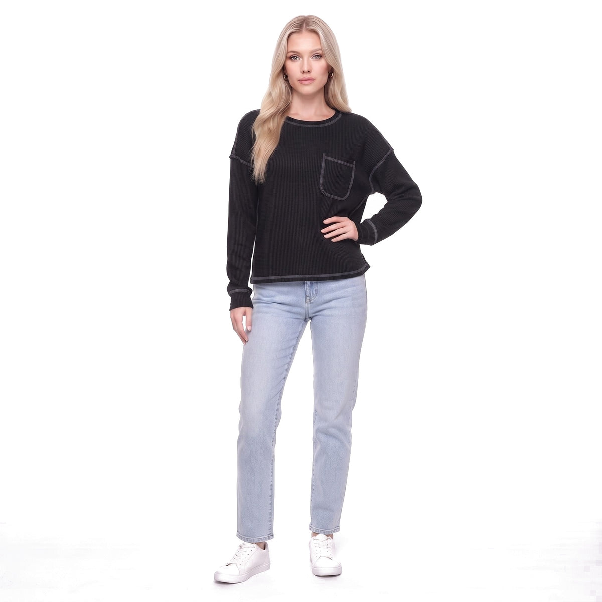 Waffle Knit Crew Neck Pocket Top with Exposed Seams